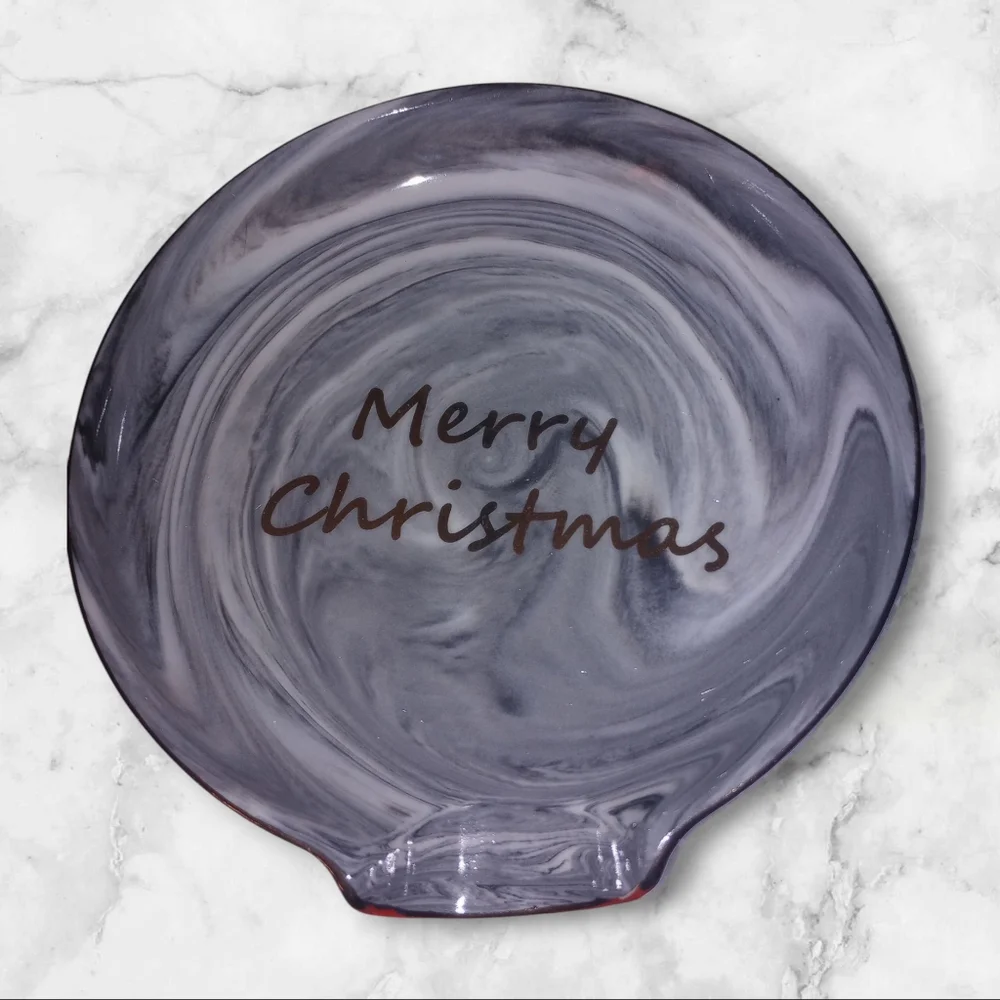 Gray Marble With Gold Detail Ceramic Merry Christmas Spoon Rest New In Box